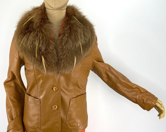 Vintage Tan Leather Jacket with Fox Fur Collar, Enigma Italia