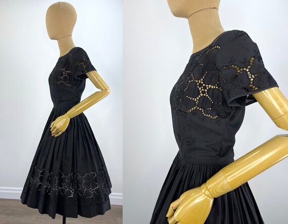 Vintage 1950s Black Cotton Floral Eyelet Dress wi… - image 4