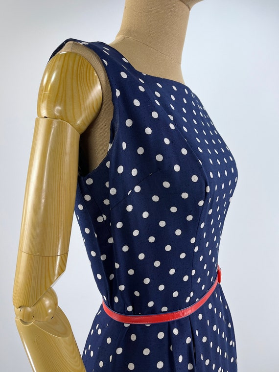 Vintage 1960s Navy and White Polka Dot Sheath Dre… - image 6