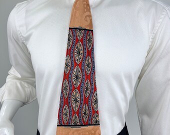 Vintage 1930s/40s Peach Silk Jacquard Tie Vertical Peach and White Ovals Blue Wavy Lines & Red Background All Silk Deadstock Never Worn