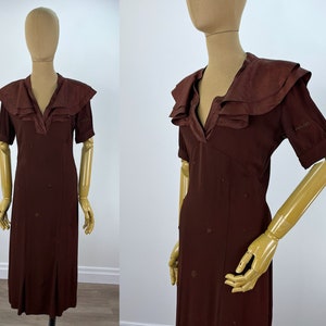 Vintage 1930s Brown Crepe Bias Cut Dress with Double Layer Moire Circle Collar and Hand Embroidered Dots, Handmade