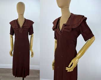Vintage 1930s Brown Crepe Bias Cut Dress with Double Layer Moire Circle Collar and Hand Embroidered Dots, Handmade