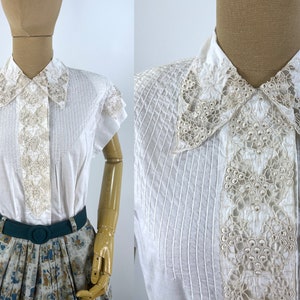 Vintage 1980s Does 1940s White Blouse with Beige Embroidery and Pin Tucks.  Cap Sleeves with Shoulder Pads.