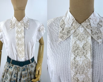 Vintage 1980s Does 1940s White Blouse with Beige Embroidery and Pin Tucks.  Cap Sleeves with Shoulder Pads.