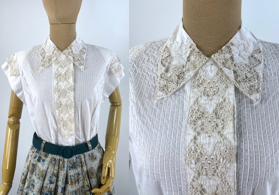Vintage 1980s White Embroidered Blouse XS/S