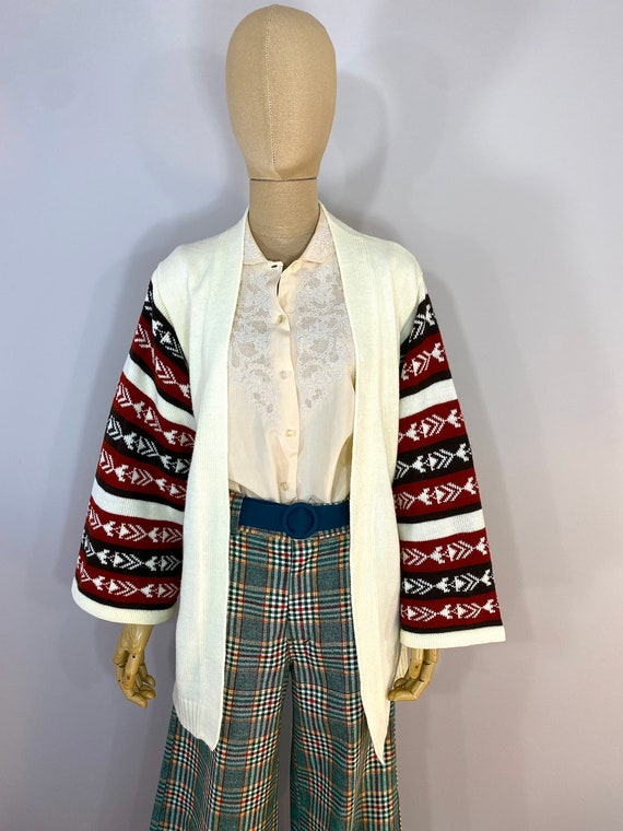 Vintage 1970s Ivory Tie Cardigan with Burgundy, B… - image 6