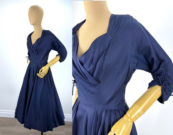 Vintage Late 1940s/Early 1950s Navy Blue Dress wi… - image 3