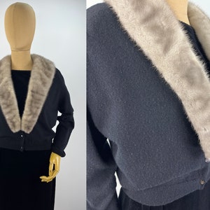 Vintage 1950s Black Cashmere Cardigan with Fur Collar by Hadley Cashmere