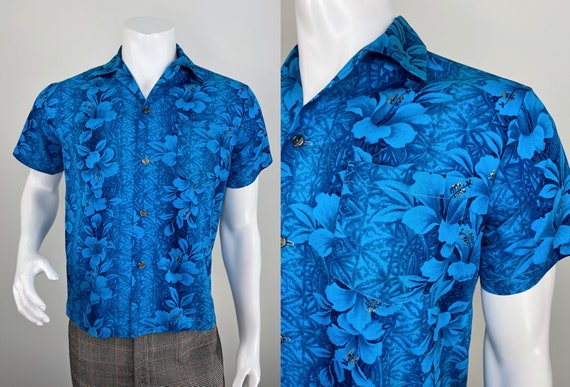 Vintage 1960s Men's Royal Blue Hawaiian HIbiscus … - image 1