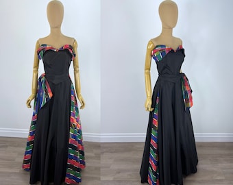 Vintage 1950s Black Taffeta Evening Gown With Reversible Colorful Plaid and Black Overskirt and Plaid Bust "Wings".