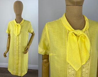 Vintage 1960s Canary Yellow Shift Dress with Crochet Lace and Tie at the Neck.  R & K  Originals