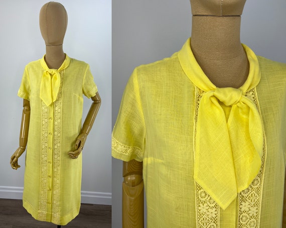 Vintage 1960s Canary Yellow Shift Dress with Croc… - image 1