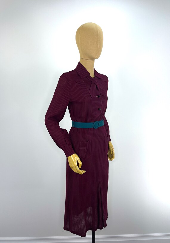 Vintage 1930s Burgundy Self Striped Wool Voile Da… - image 3