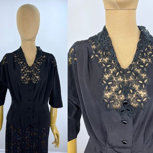 Vintage 1950s Black Faille and Lace Dolman Sleeve Blouse, Great Vintage Size