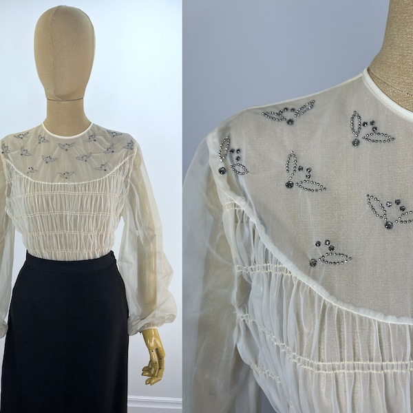 Vintage 1950s Off-White Sheer Organdy Blouse, Rows of Smocking & Embellished Curved Yoke with Silver and Rhinestone Flowers by Penny Potter