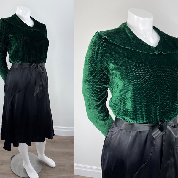 Vintage 1930s Reproduction Dress Made in the 1960s with a Black Satin Skirt and Emerald Green Textured Velvet Bodice.  Great Vintage Size