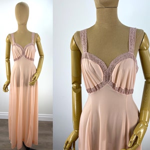 Vintage 1950s/1960s Peach Nylon Negligee with Mauve Lace Insets and Straps