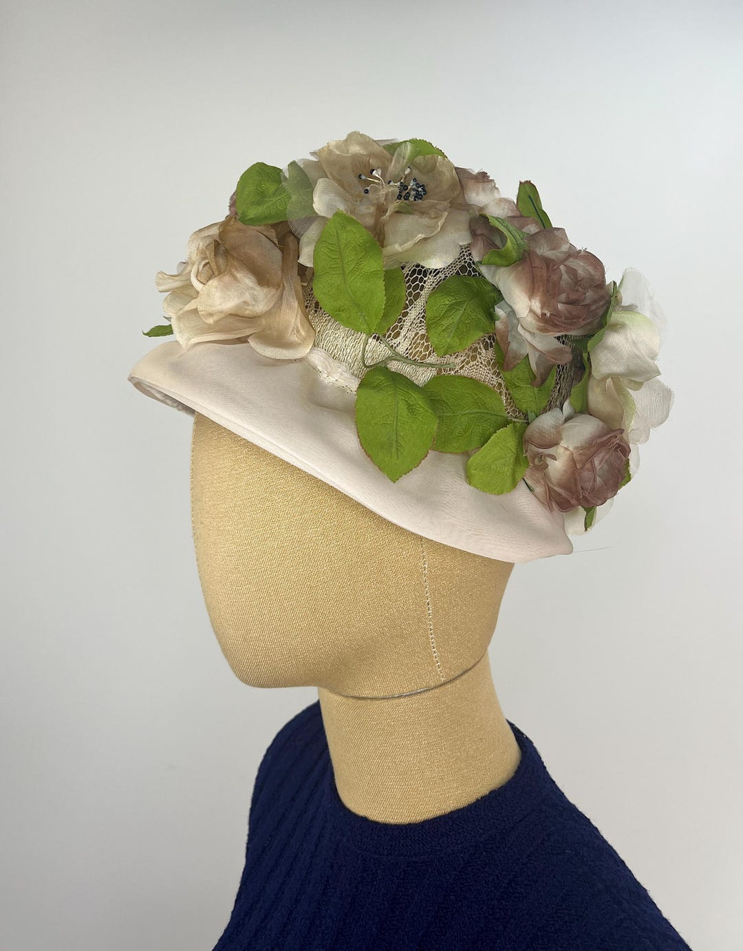 VTG 1960s Silk Flower Hat  1960s Pink Silk Flower Hat | Vintage Green Ribbon, Junior B  main image 2