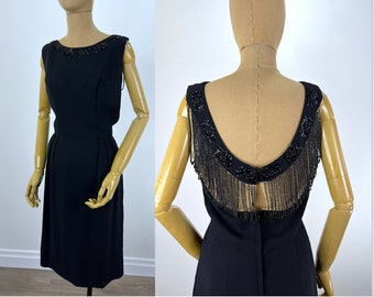 Vintage 1950s Black Sleeveless Cocktail Dress with Beaded Fringe and Sequins