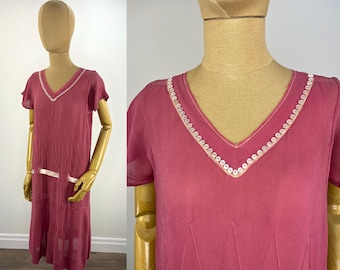 Vintage 1920s Pink Chiffon Zig Zag Drop Waist Dress with Button Detail at Neckline