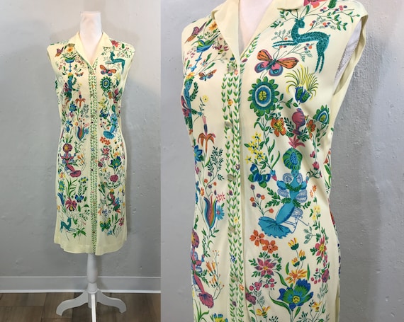 Vintage 1960s Mermaid Garden Party Print Sleeveles