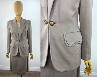 Vintage Late 1940s/Early 1950s Taupe Wool Gabardine Skirt Suit.  Rounded Collar, Double Scallop Pocket Flaps and Pick Stitching