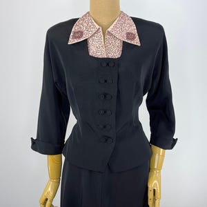Authentic Vintage Formal Wear Late Forties Early Fifties Black Faille Suit Beaded Collar Jacket Nipped Waist Two Piece Evening Set Retro Cocktail Party Attire Pearl Seed Bead Details A Line Skirt Ensemble Mid Century Style Double Covered