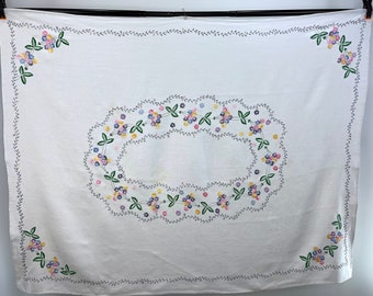 Vintage White Linen Rectangular Tablecloth with Oval Pastel Floral Embroidery