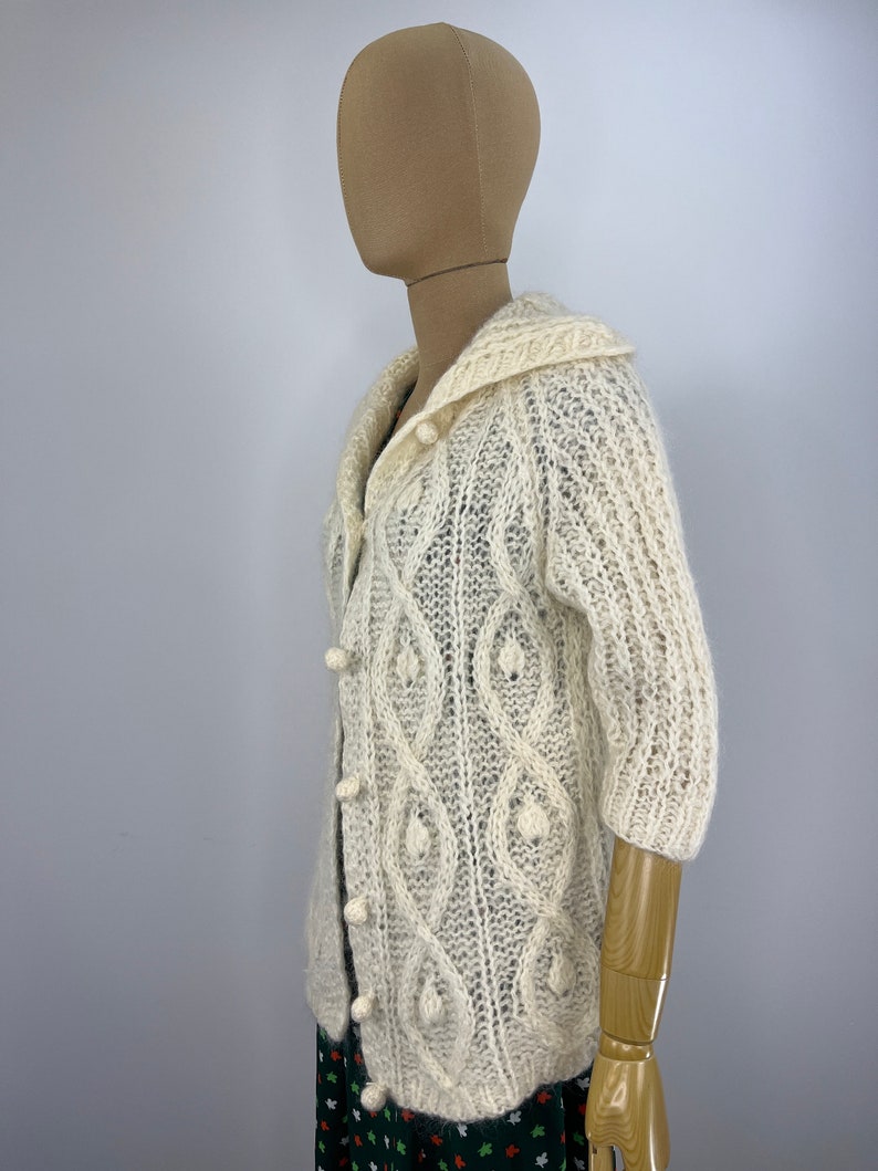 Vintage 1960s/1970s Fuzzy Ivory Hand Knit Cardigan by Montgomery Ward, Cable Knit Cardigan image 5