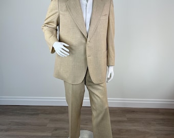 Vintage Men Beige Suit 1970s Polyester Wide Lapel Dated August 1978 Tan Two Piece Disco Costume Retro Wedding Groom Royce Casuals Suit