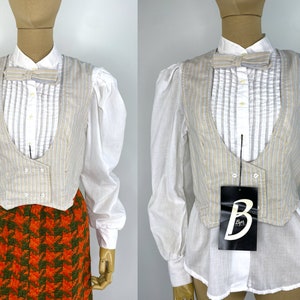Vintage 1980s Deadstock Uniform Shirt & Vest. White Formal Pintuck Shirt, Beige Pinstripe Double Breasted Vest. Byer California. Size Medium