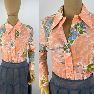 Vintage 1970s Peach Blouse with Yellow Windmills and Blue Floral Print