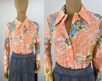 Vintage 1970s Peach Blouse with Yellow Windmills and Blue Floral Print