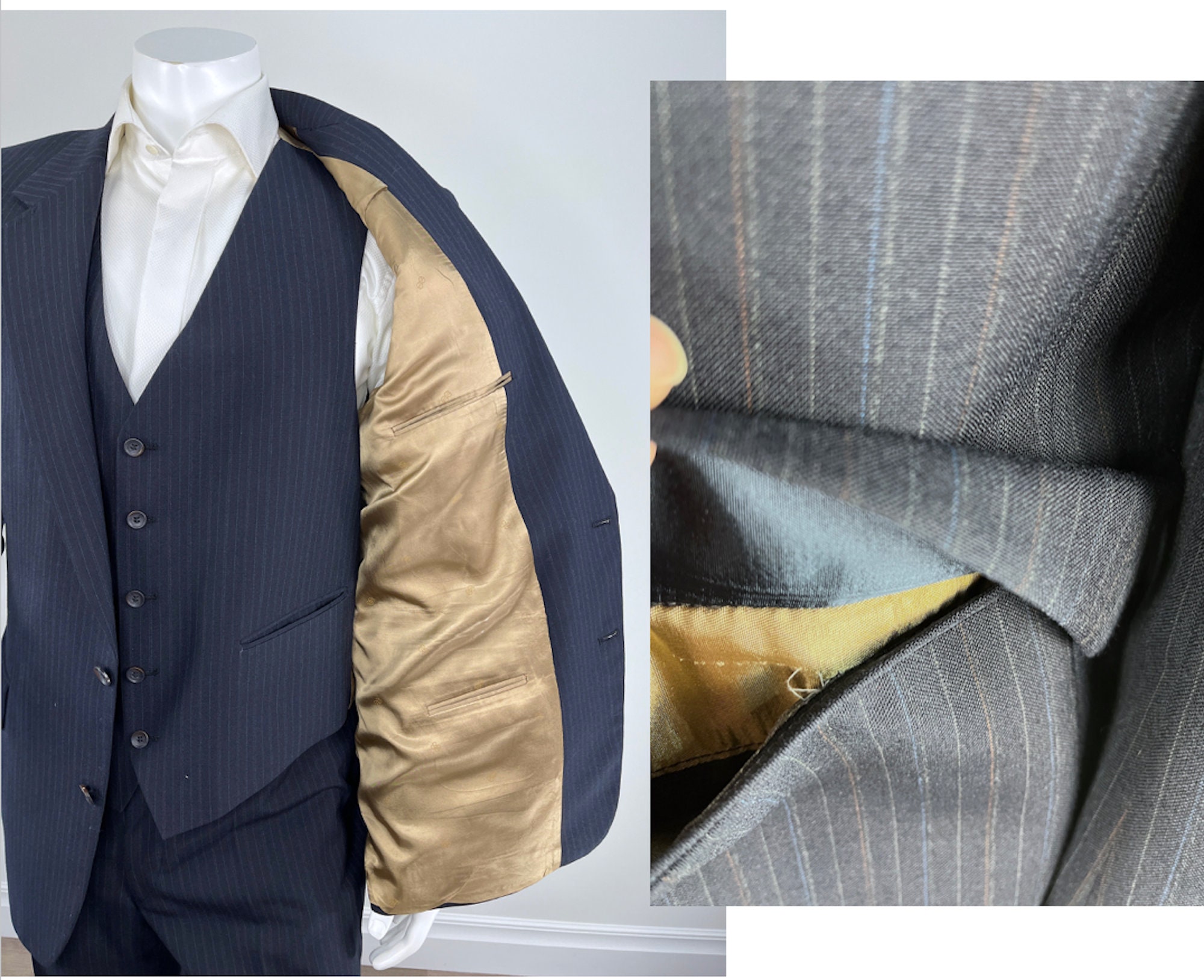 Vintage 1990s/2000s Navy Blue Striped Bill Blass 3 Piece Suit