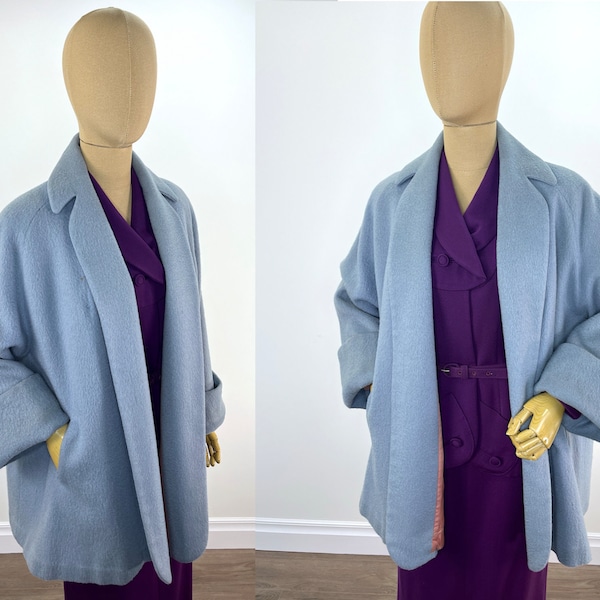 Vintage 1950s Baby Blue Wool Flannel Swing Coat with Deep Turn Up Cuffs by Angelo.  Great Vintage Size