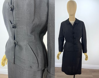 Vintage Late 1940s/Early 1950s Black Skirt Suit with Faceted Buttons and Padded Hips