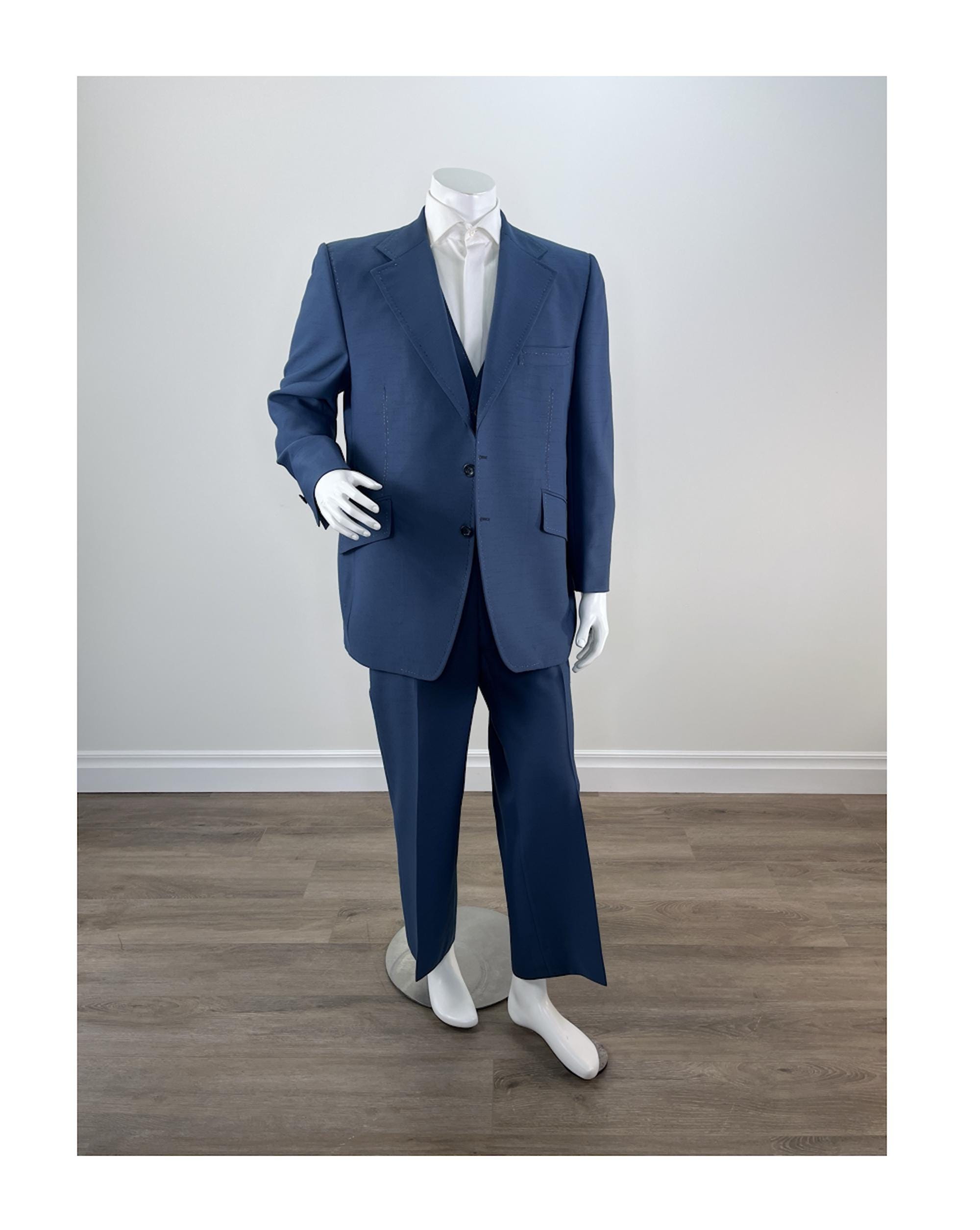 Vintage 1970s Men's Peacock Blue Three Piece Suit With Contrast