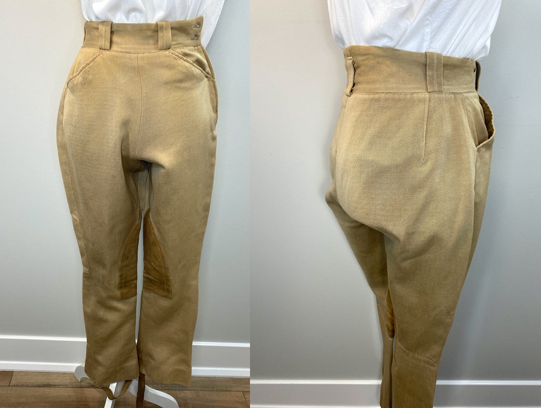 Vintage Khaki Riding Jodhpurs With Leather Patches, High Waist, Stir