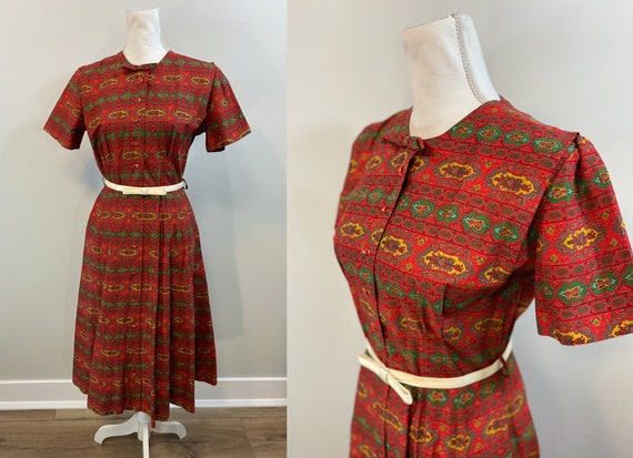 Vintage Red Cotton Print Shirtwaist Dress. 1950s