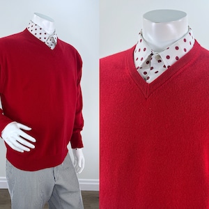 Vintage Fire Engine Red Cashmere V-Neck Sweater by Richard Waithe, 100% Cashmere Jumper.  Men's Cashmere Sweater but Easily Unisex
