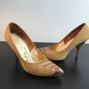 Vintage 1950s Two Tone Tan Suede and Brown Leather Spike Heels.  Best Guess Size 5 1/2