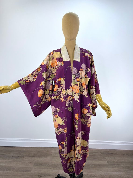 Vintage Purple Silk Kimono With Orange, Yellow, Off-white and