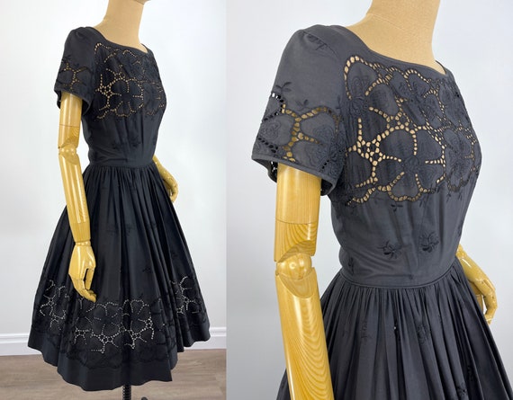 Vintage 1950s Black Cotton Floral Eyelet Dress wi… - image 3