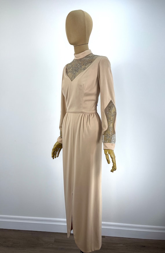 Vintage 1960s Beige Double Knit Dress with Rhinestone Illusion Neckline and Sleeves. 1960s Cocktail Dress with Rhinestones