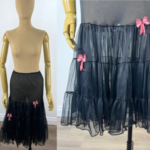 Vintage 1950s Black Nylon Crinoline Petticoat with Red Bow Appliqués by Wonder Maid, Size Medium