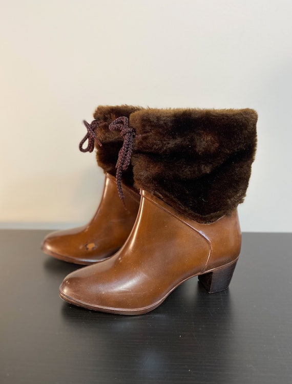 Vintage Rubber Stacked Heel Booties with Faux Fur