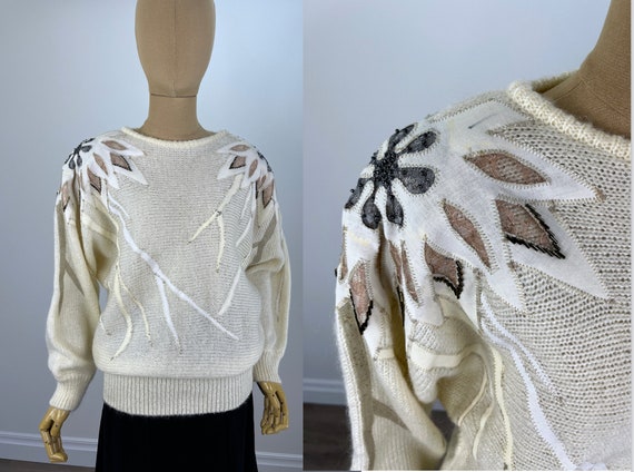 Vintage 1980s Embellished Oversized Ivory Sweater… - image 1