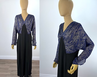 Vintage Late 1930s Blue With Silver Metallic Thread Bodice and Black Skirt Evening Dress. Hollywood Glamour