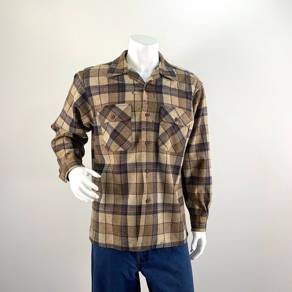 Vintage Pendleton Virgin Wool Distressed Shirt/Jacket in Brown and Tan Plaid.  Size Large, Machine Washable.  Well Worn, Distressed. Shacket