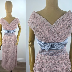 Vintage 1950s Pink Tiered Lace Off the Shoulder Cocktail Dress with Blue Satin Waist & Bow, Rhinestones. Original Owner Anna Frances Parker